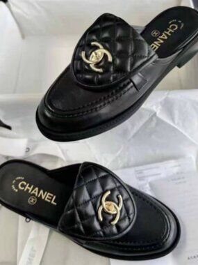 Chanel Quilted CC Mule Slides Black Leather